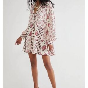 Free People sylvia Pink Long Sleeve mini dress  with V-Neck